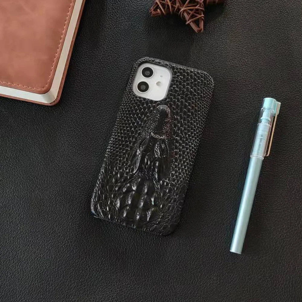 3D Crocodile Head Pattern Phone Case for iPhone 16 Pro Max 17 Air 16E 15 Plus 14 Pro 13Mini 12 11 Flannelette+Leather Hard Shell