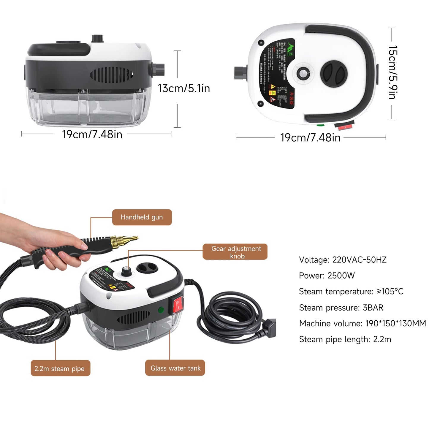 2500W Steam Cleaner High Pressure＆Temperature 105°C 3BAR Fast Heating 6-Speed 900ml Tank for Home/Car/Kitchen/Bathroom Cleaning