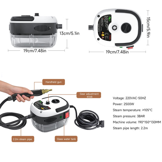 2500W Steam Cleaner High Pressure＆Temperature 105°C 3BAR Fast Heating 6-Speed 900ml Tank for Home/Car/Kitchen/Bathroom Cleaning