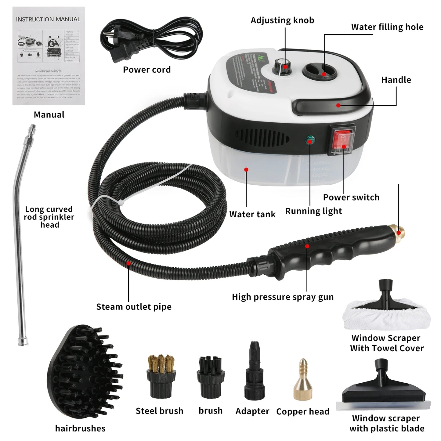 2500W Steam Cleaner High Pressure＆Temperature 105°C 3BAR Fast Heating 6-Speed 900ml Tank for Home/Car/Kitchen/Bathroom Cleaning