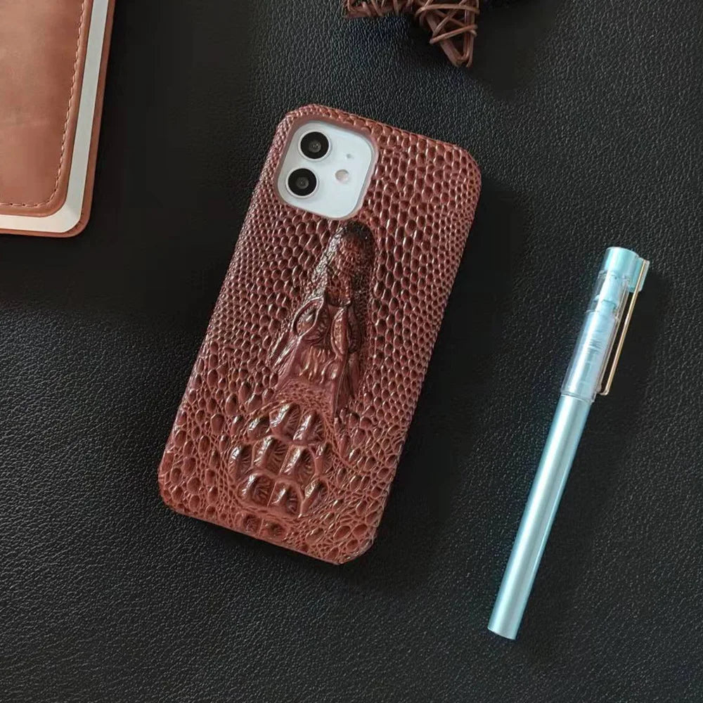 3D Crocodile Head Pattern Phone Case for iPhone 16 Pro Max 17 Air 16E 15 Plus 14 Pro 13Mini 12 11 Flannelette+Leather Hard Shell
