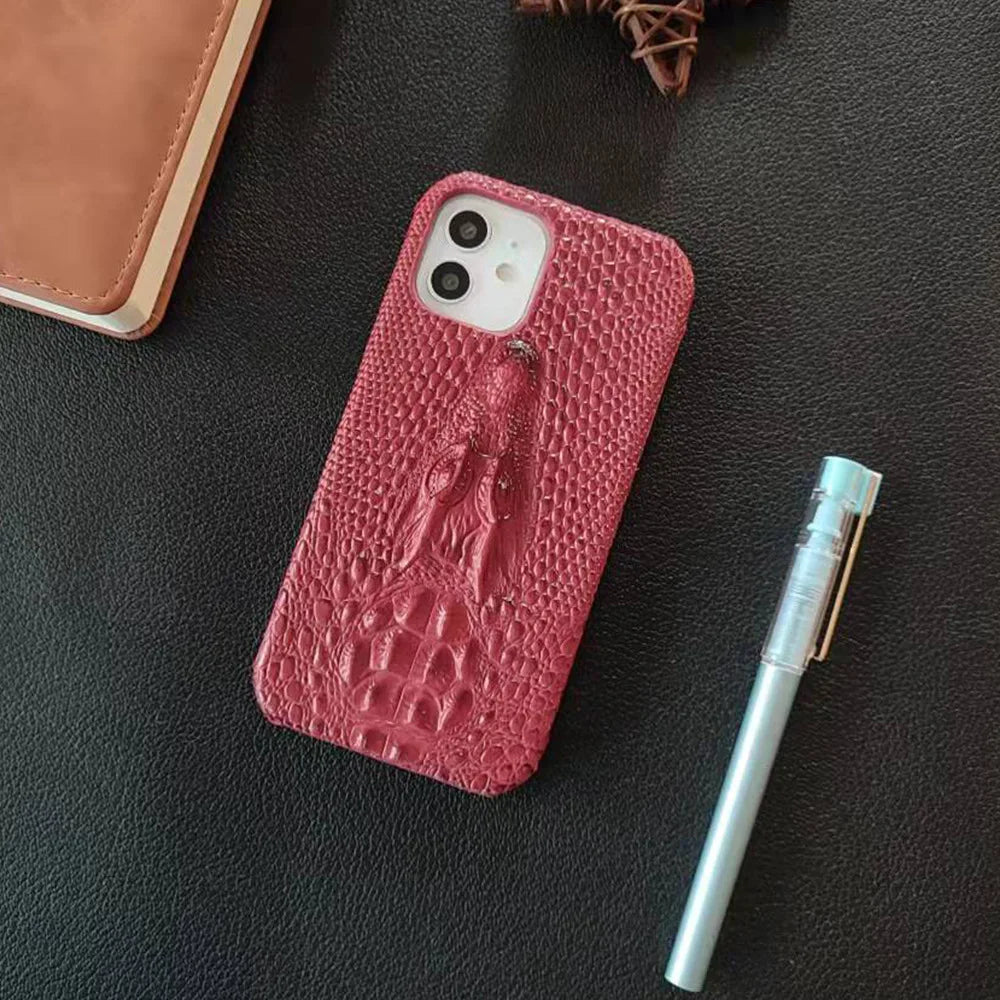 3D Crocodile Head Pattern Phone Case for iPhone 16 Pro Max 17 Air 16E 15 Plus 14 Pro 13Mini 12 11 Flannelette+Leather Hard Shell