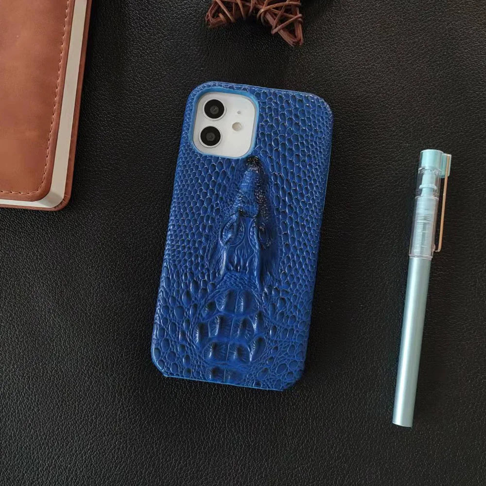3D Crocodile Head Pattern Phone Case for iPhone 16 Pro Max 17 Air 16E 15 Plus 14 Pro 13Mini 12 11 Flannelette+Leather Hard Shell