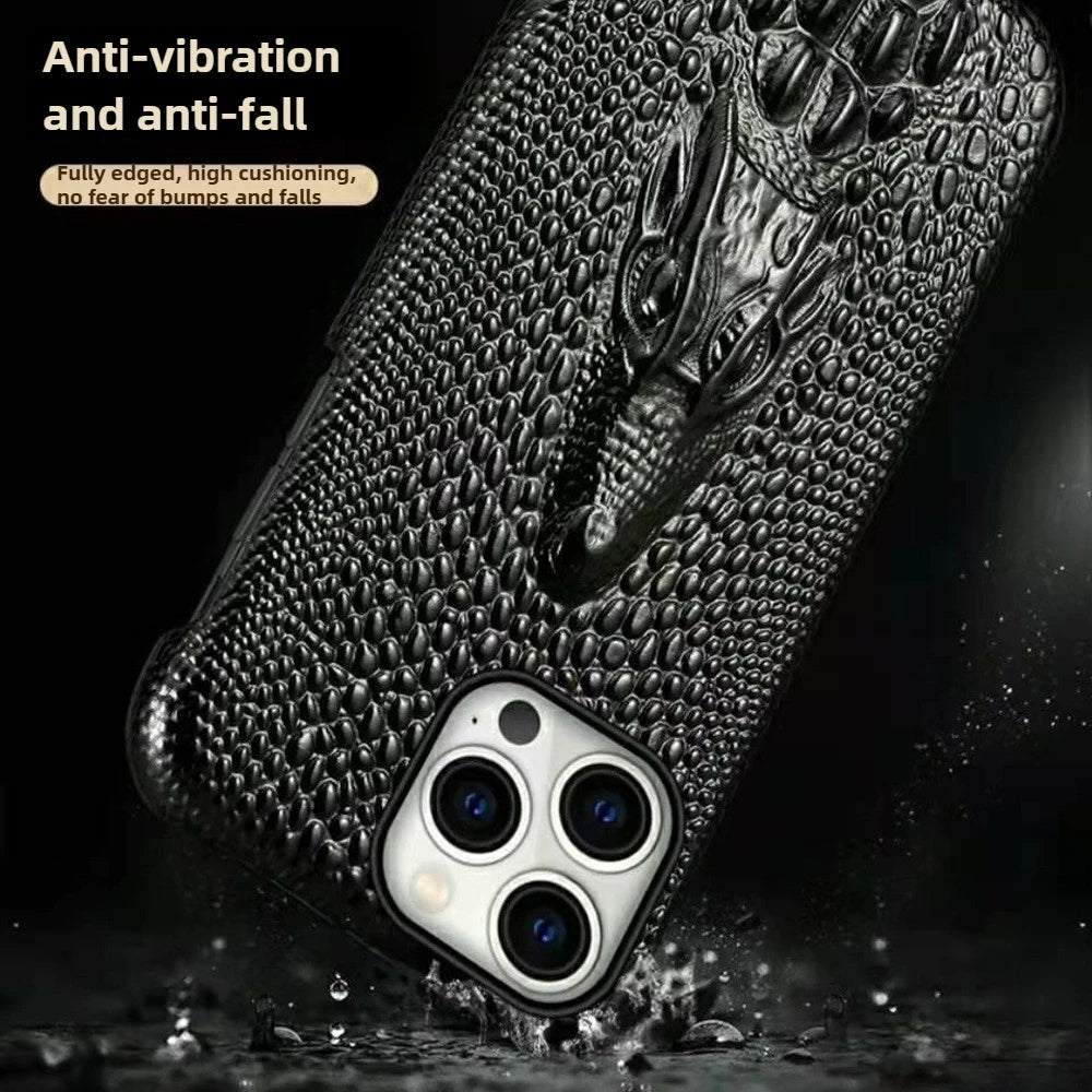 3D Crocodile Head Pattern Phone Case for iPhone 16 Pro Max 17 Air 16E 15 Plus 14 Pro 13Mini 12 11 Flannelette+Leather Hard Shell