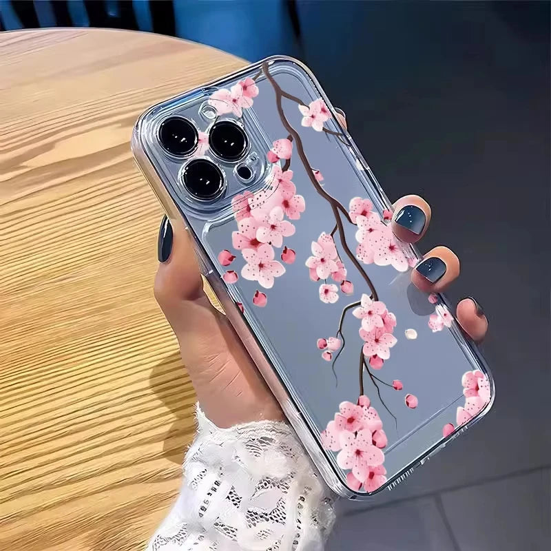 Transparent Flower Branch Phone Case For iPhone 16 15 14 Pro 13 12 11 Max Mini 7 8 Plus XR X XS SE2022 Shockproof Silicone Cover