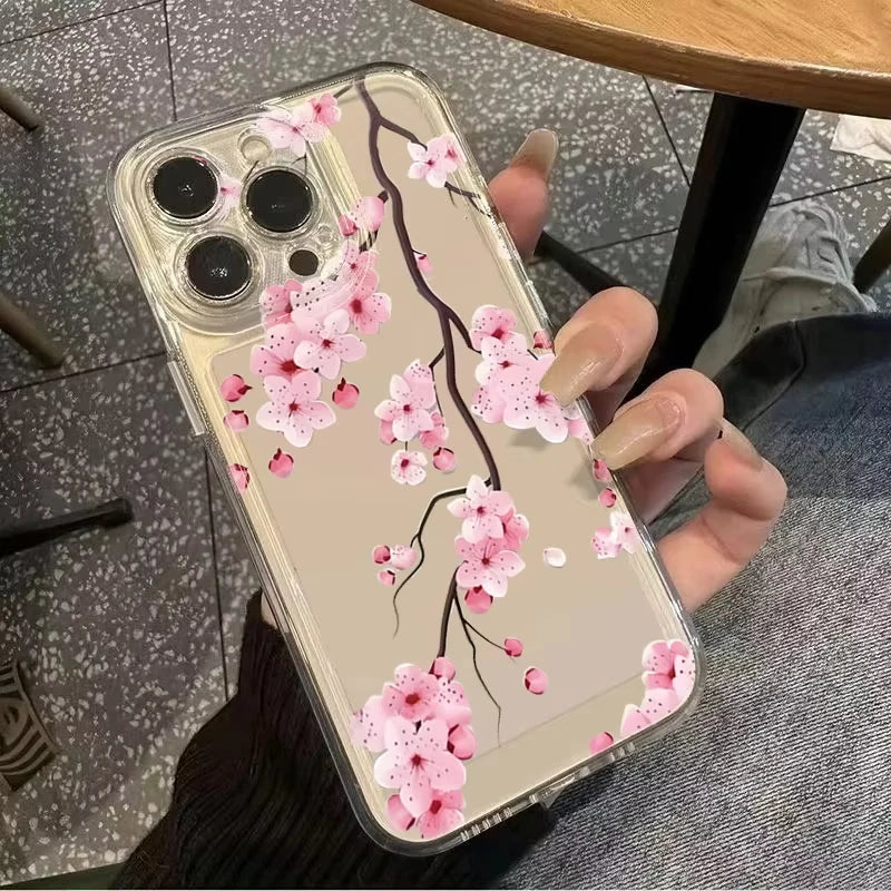 Transparent Flower Branch Phone Case For iPhone 16 15 14 Pro 13 12 11 Max Mini 7 8 Plus XR X XS SE2022 Shockproof Silicone Cover