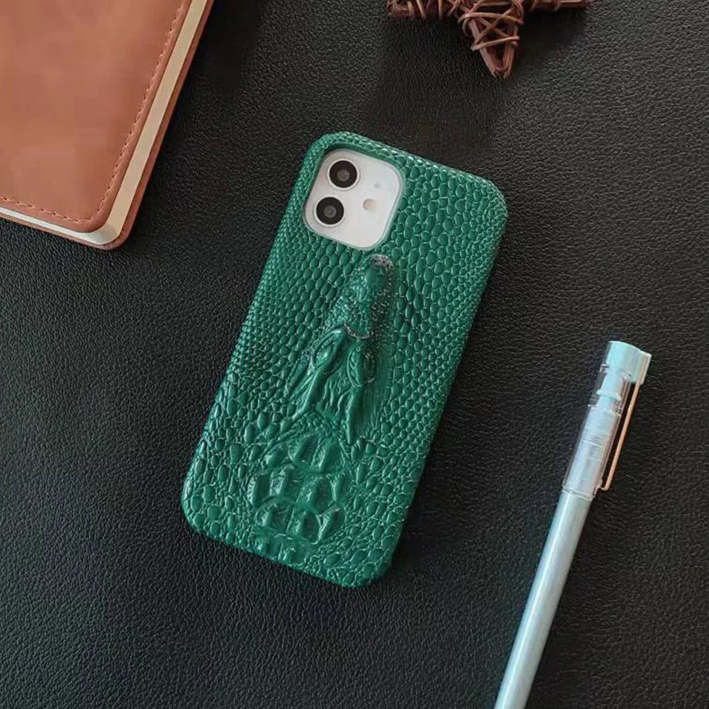 3D Crocodile Head Pattern Phone Case for iPhone 16 Pro Max 17 Air 16E 15 Plus 14 Pro 13Mini 12 11 Flannelette+Leather Hard Shell