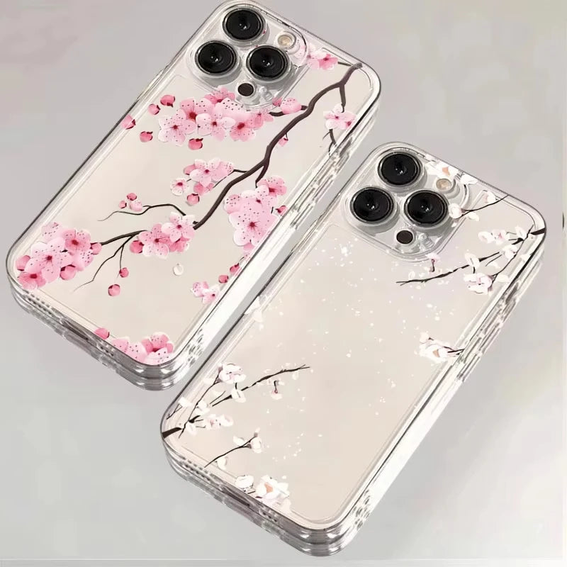 Transparent Flower Branch Phone Case For iPhone 16 15 14 Pro 13 12 11 Max Mini 7 8 Plus XR X XS SE2022 Shockproof Silicone Cover