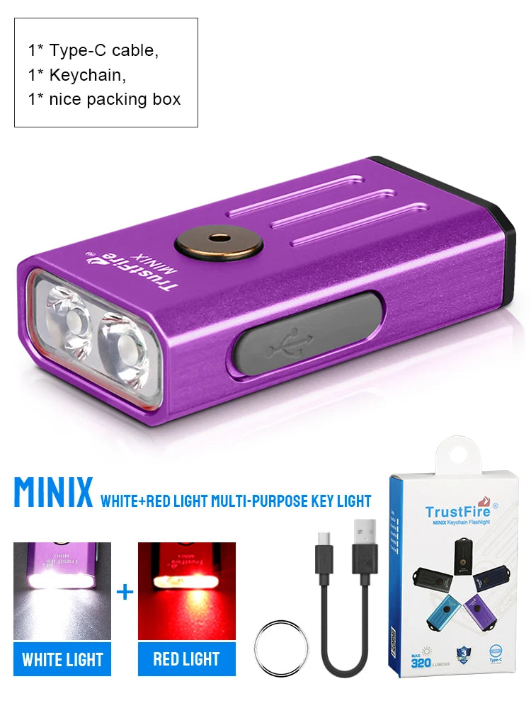 Trustfire Minix Mini EDC Flashlight Keychain 320LM 365nm Uv Lamp Red Light TypeC USB Rechargeable Colourful Gift 2Mode Led Torch