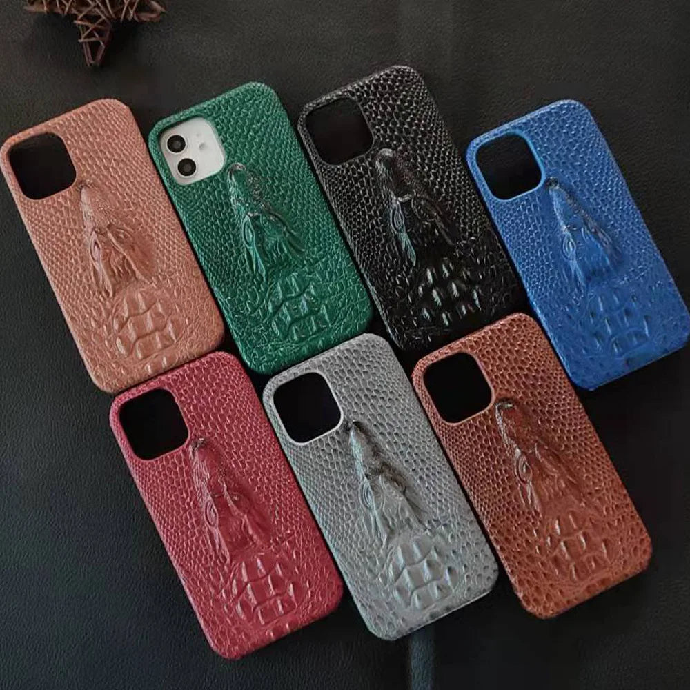 3D Crocodile Head Pattern Phone Case for iPhone 16 Pro Max 17 Air 16E 15 Plus 14 Pro 13Mini 12 11 Flannelette+Leather Hard Shell