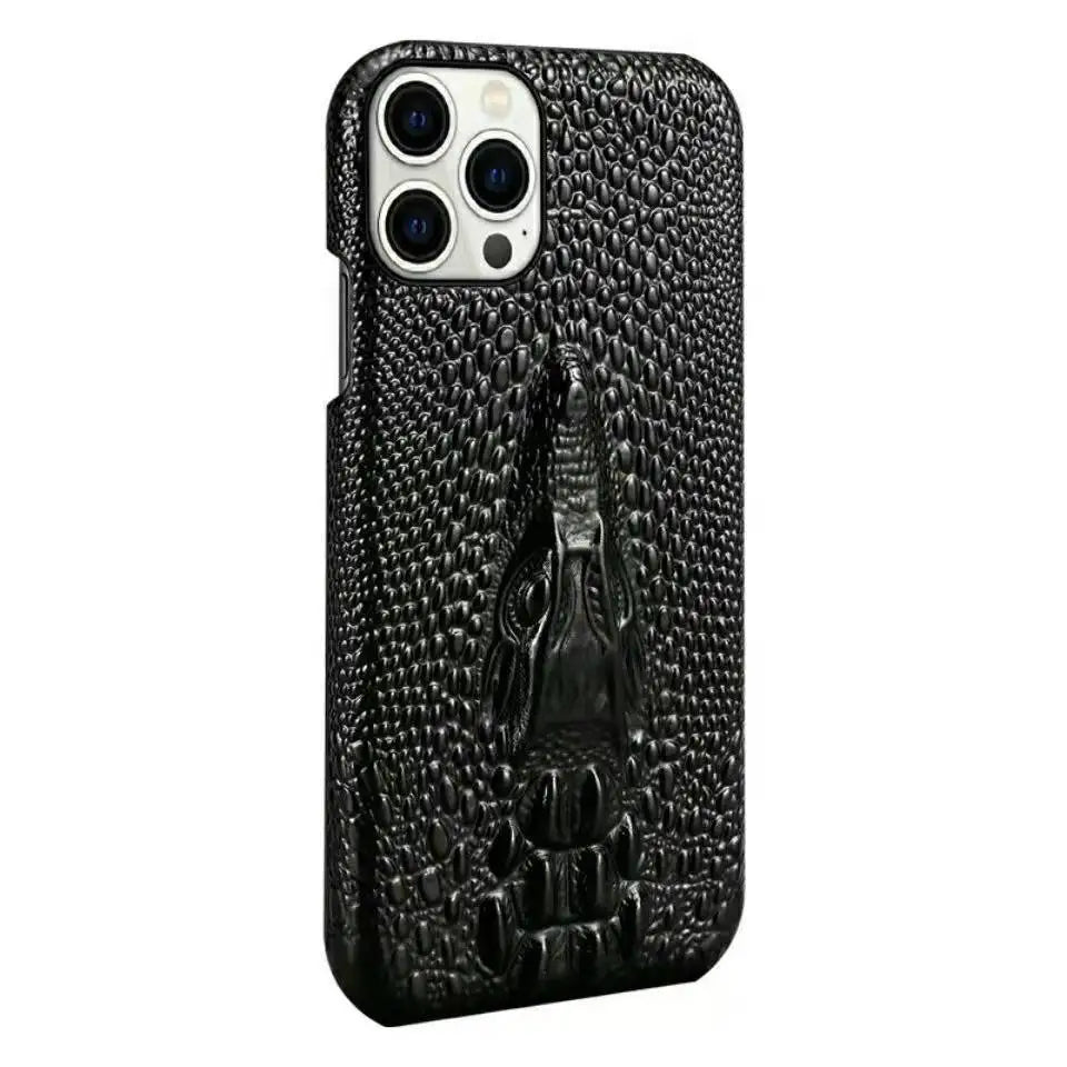 3D Crocodile Head Pattern Phone Case for iPhone 16 Pro Max 17 Air 16E 15 Plus 14 Pro 13Mini 12 11 Flannelette+Leather Hard Shell