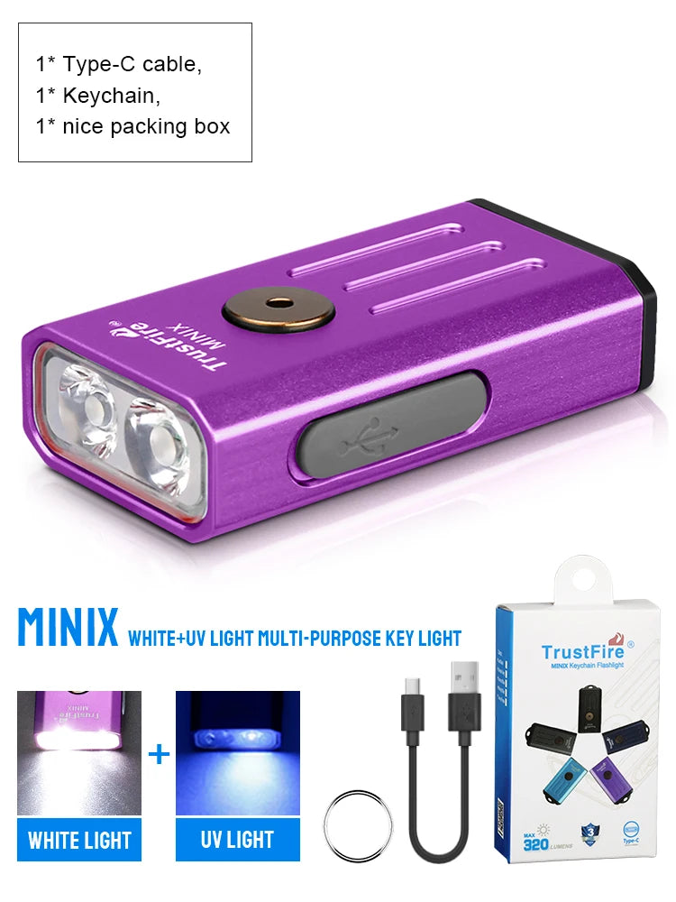 Trustfire Minix Mini EDC Flashlight Keychain 320LM 365nm Uv Lamp Red Light TypeC USB Rechargeable Colourful Gift 2Mode Led Torch