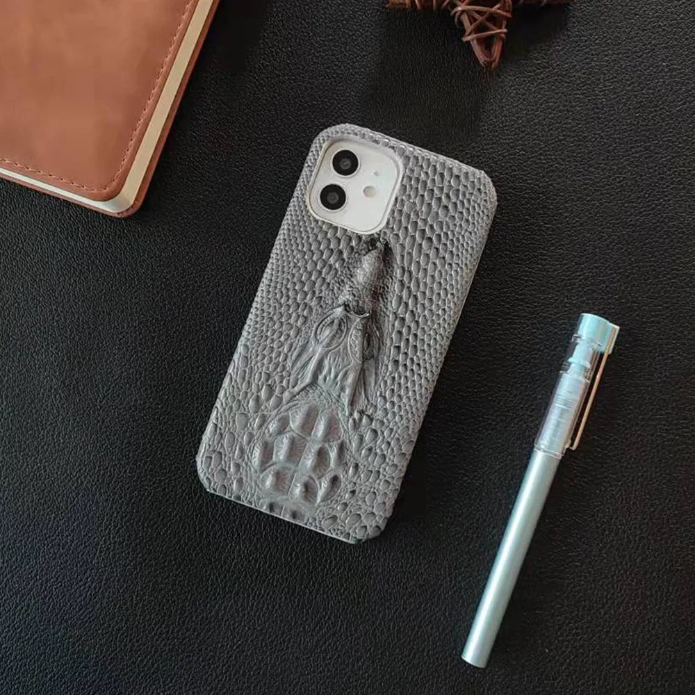 3D Crocodile Head Pattern Phone Case for iPhone 16 Pro Max 17 Air 16E 15 Plus 14 Pro 13Mini 12 11 Flannelette+Leather Hard Shell