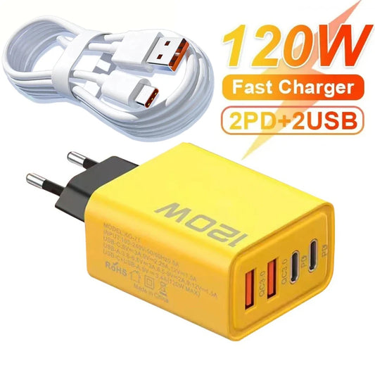 120W 4 Port USB Type C Charger Fast Charging Data Cable USB Phone Charger Power Adapter Quick Charge 3.0 EU US Plug Wall Charger