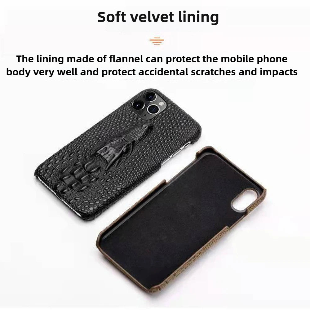 3D Crocodile Head Pattern Phone Case for iPhone 16 Pro Max 17 Air 16E 15 Plus 14 Pro 13Mini 12 11 Flannelette+Leather Hard Shell