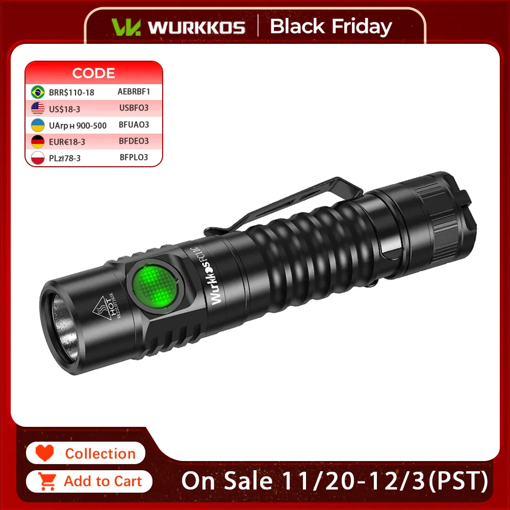 Wurkkos FC11C Nichia 519A Buck Circuit Hiking 18650 Flashlight Max ouput 1200 LM USB C Rechargeable EDC Torch Father's Day Gifts