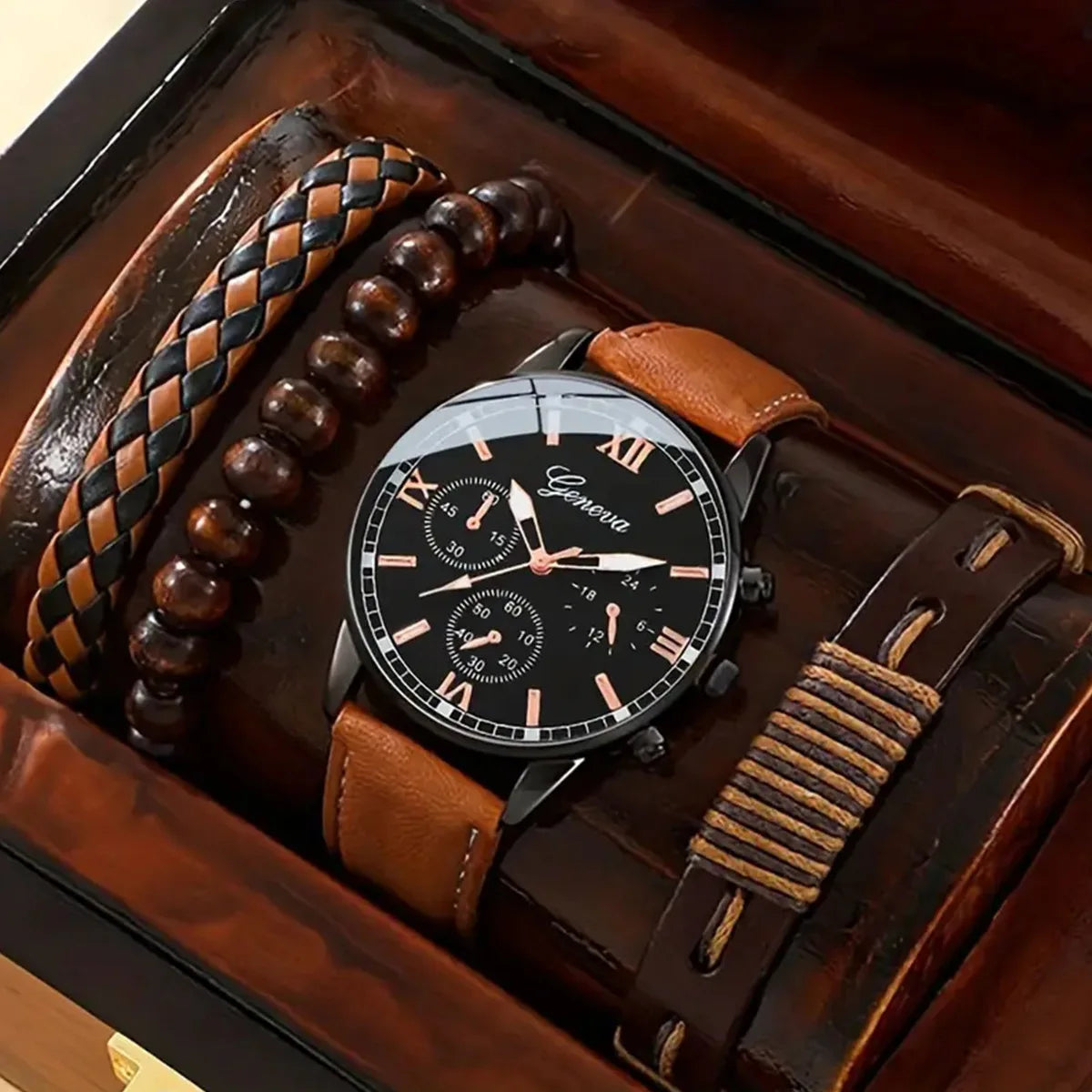 4PCS Fashion Men Watches Casual Male's Quartz Watch Bracelets Set Relogio Masculino Reloj Hombre（Without Box）