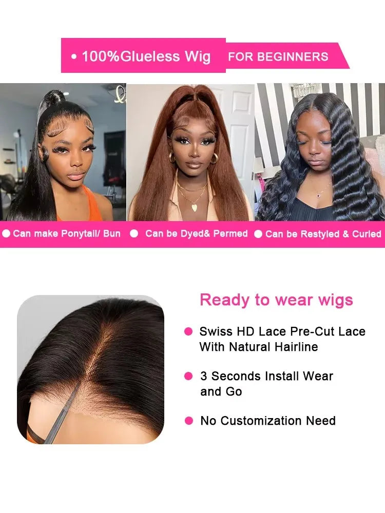 250% High Density Brazilian 30 40Inch Glueless Wig Human Hair Bone Straight 13x4 HD Lace Frontal Human Hair Wigs 7x5 Closure Wig