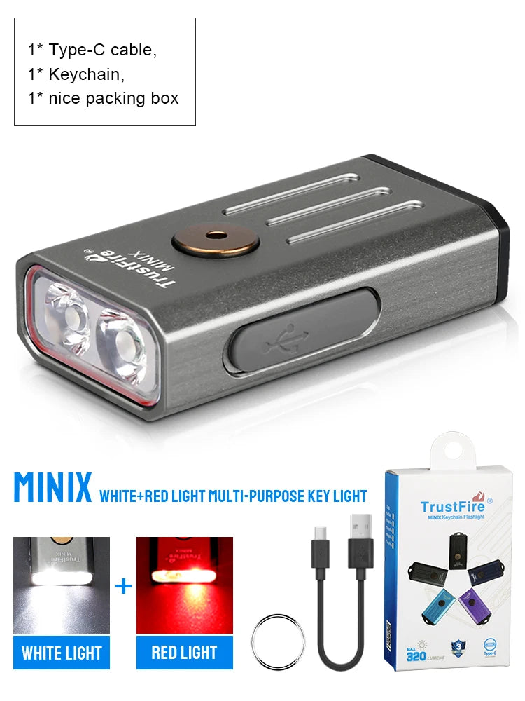 Trustfire Minix Mini EDC Flashlight Keychain 320LM 365nm Uv Lamp Red Light TypeC USB Rechargeable Colourful Gift 2Mode Led Torch