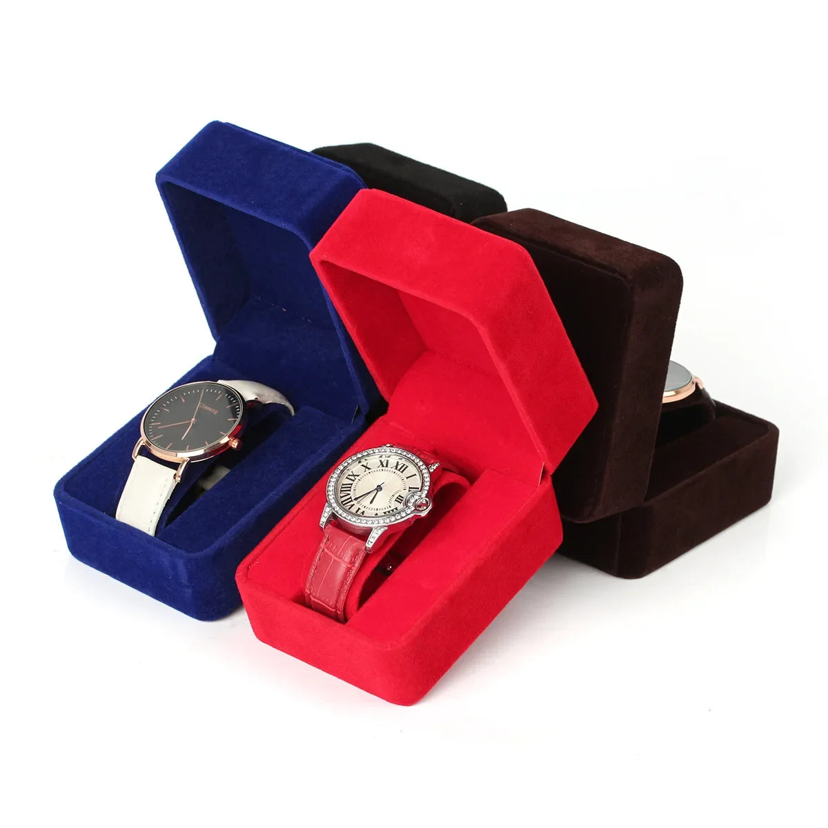 Watch Box Fashion Velvet Round Corner Smartwatch Clock Storage Case Jewelry  Accessories Business Packaging Boxes Black Red Blue