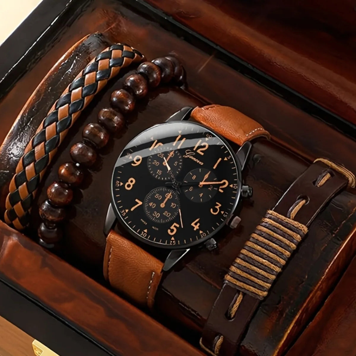 4PCS Fashion Men Watches Casual Male's Quartz Watch Bracelets Set Relogio Masculino Reloj Hombre（Without Box）