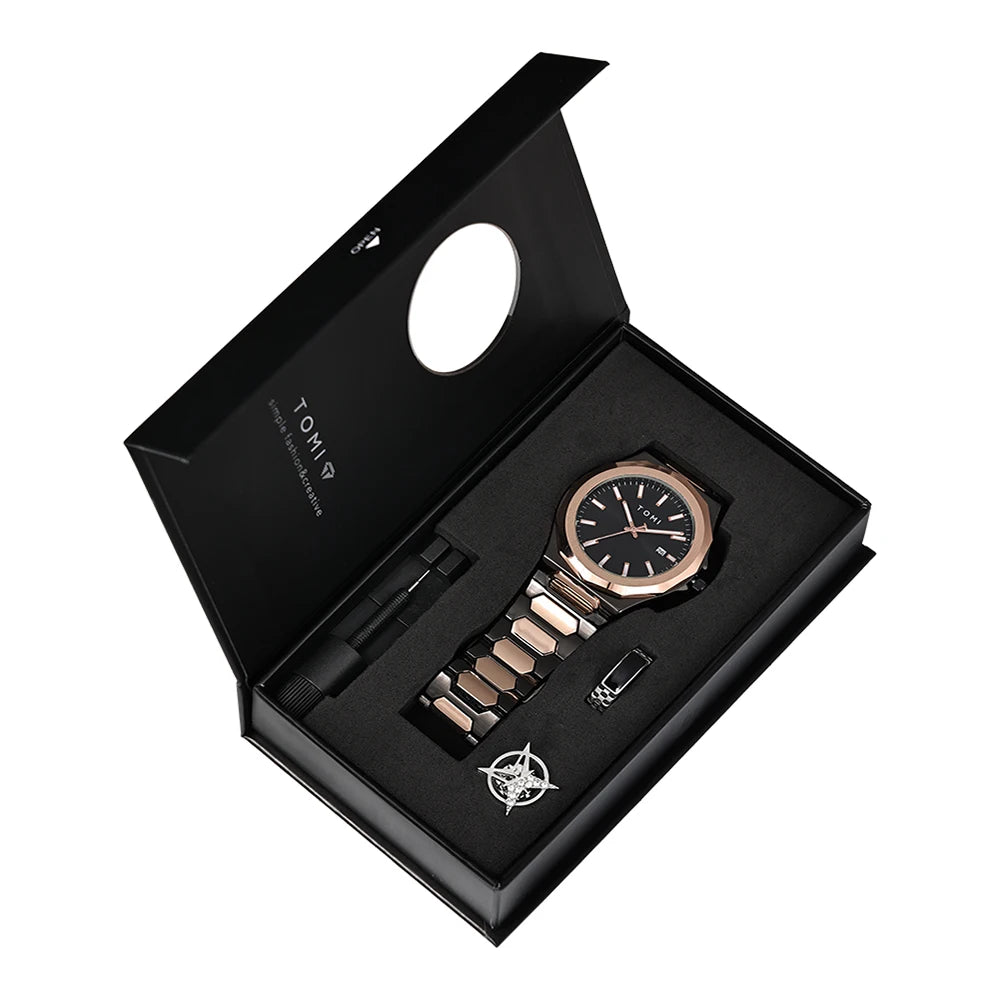 TOMI Luxury Business Men's Watch Gift Box Set High Quality Rose Gold Case Simple and Versatile Quartz Watch Relogio Masculino