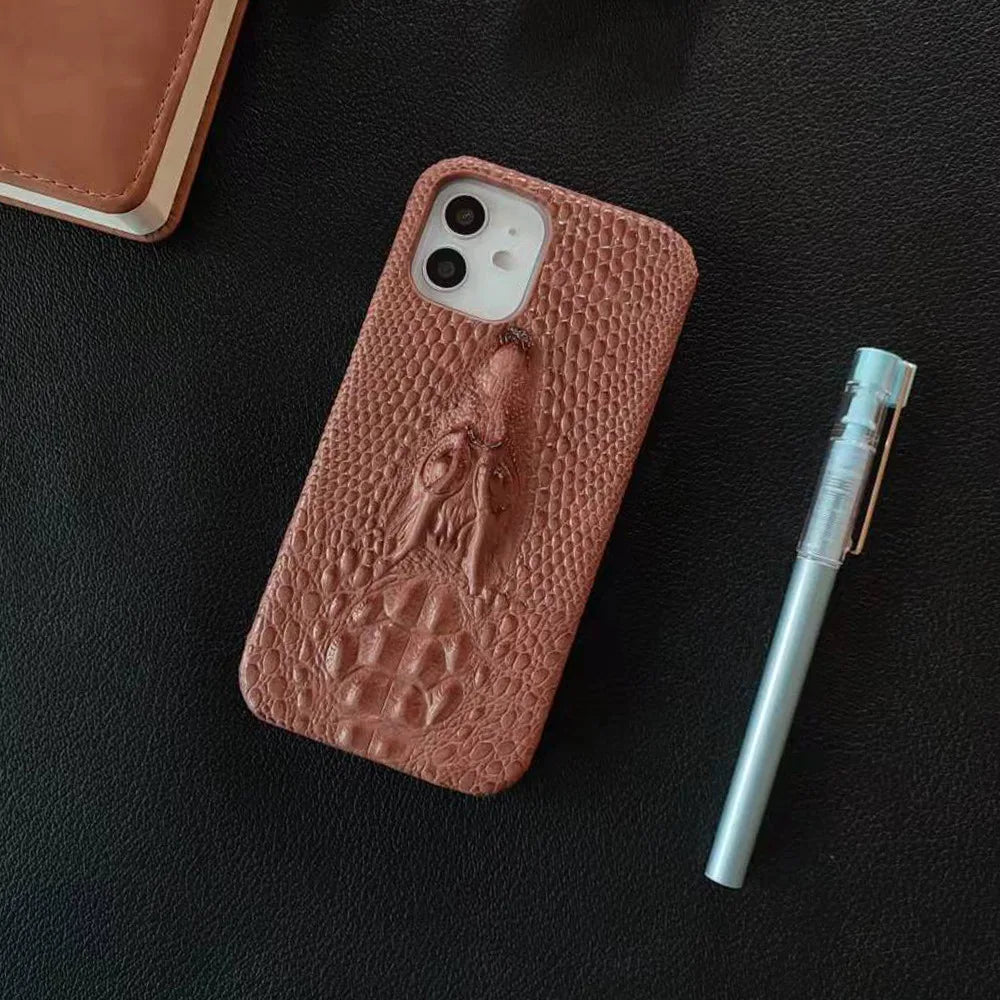3D Crocodile Head Pattern Phone Case for iPhone 16 Pro Max 17 Air 16E 15 Plus 14 Pro 13Mini 12 11 Flannelette+Leather Hard Shell